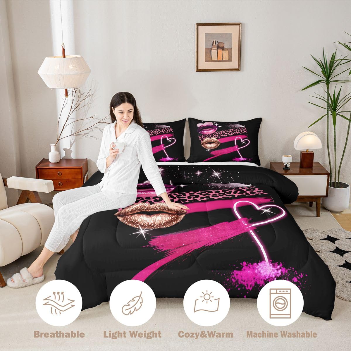 Erosebridal Black Pink Lip Comforter Set Pink Leopard Twin Bedding Sets for Girls Teen Boys Lips Print Comforter Romantic Girly Quilt