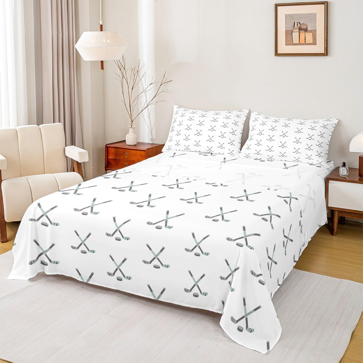 Feelyou Ice Puck Game Sheets for Girls Boys Kids Ice Hockey Bedding Set Sports Player Bed Sheet Set Hockey Sports Sheets with Deep Pocket Fitted Sheet Full 4Pcs