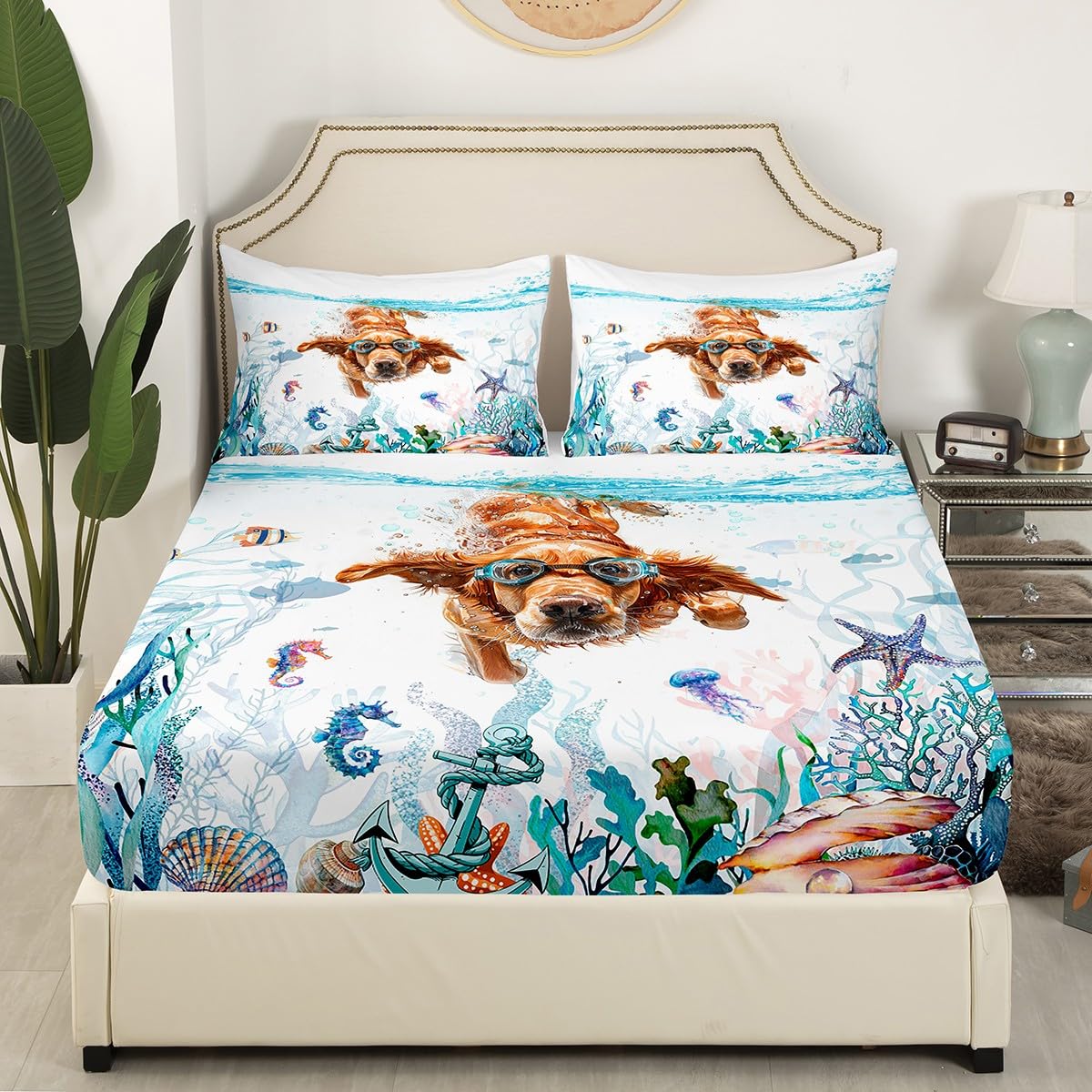 Feelyou Cute Dog Bed Sheet Set Boys Girls Twin Size Kawaii Animals Fitted Sheet for Kids Women Men Ocean Bedding Set Puppy Dog Bed Cover Deep Pocket Room Decor Bed Set
