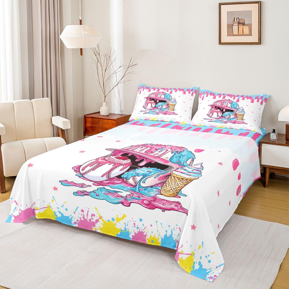 Homewish Ice Cream Drip Baseball Kids Sheet Full Size,Baseball Cap Hat Star Cherry Dessert Bedding Set, Ball Sport Games Competition Kids Room Decor,Blue Pink Sheet(Fitted+Flat+2 Pillowcases)