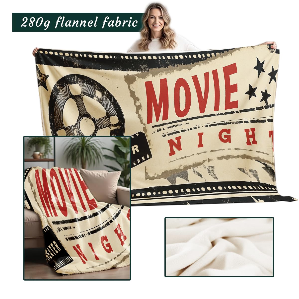 HUNXIAOJ Printed Bed Blanket Movie Throw Blanket Retro Movie Theater Flannel Throw Movie Night Home Decor for Film Room Media Cinema Sofa Bed (49"x59")