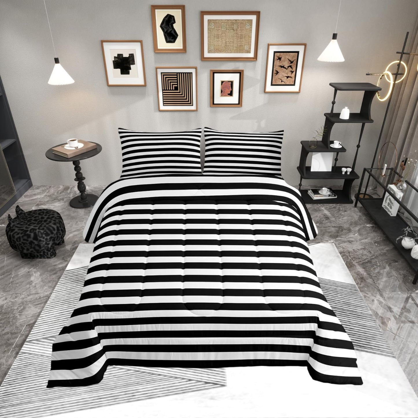 Striped Comforter Set Black and White Stripe Bedding Set Queen Kids Boys Girls Women Men Farmhouse Ticking Stripes Duvet Set Modern Geometric Lines Adults Abstract Gothic Home Decor Soft Reversible