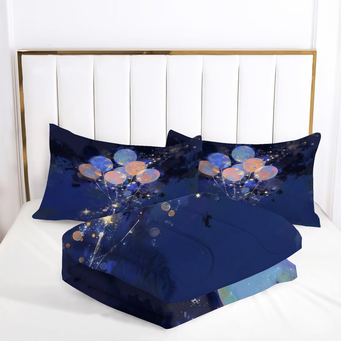 EDGZKO Navy Blue Galaxy Balloon Bedding Set Full Size Starry Sky Print Comforter Set Soft Microfiber Bed Sets for Kids Girls Boys Teens Adults Room Decor, 1 Comforter 2 Pillowcases