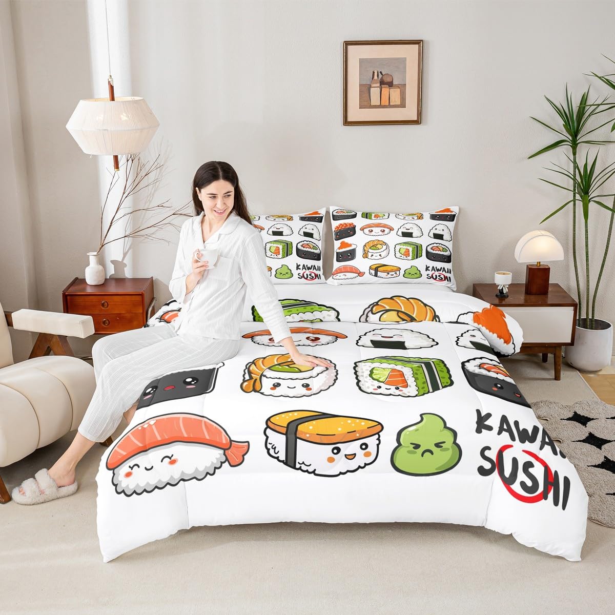 Erosebridal Sushi Pattern Comforter Set Queen, Japanese Style Down Comforter, Food Theme Quilted Duvet for Kids Boys Girls Teens, Cute Cartoon Japanese Sushi Quilt Set Room Decorative