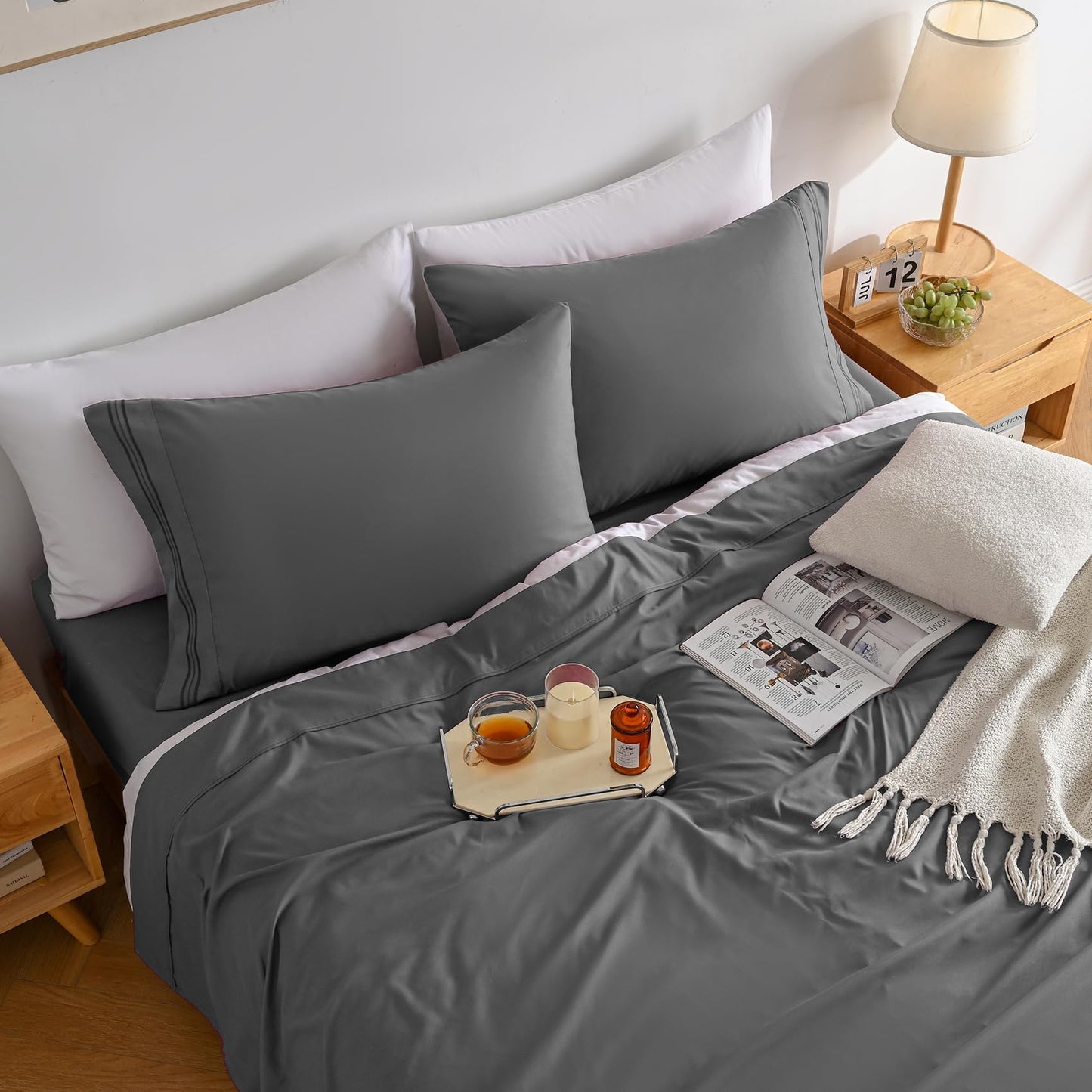 Yibeizi King Size Sheets Set Cooling Deep Pocket Bed Sheet Sets, Grey Soft Microfiber Oeko-Tex Hypoallergenic Sheets & Pillowcases Wrinkle Free Bedsheets