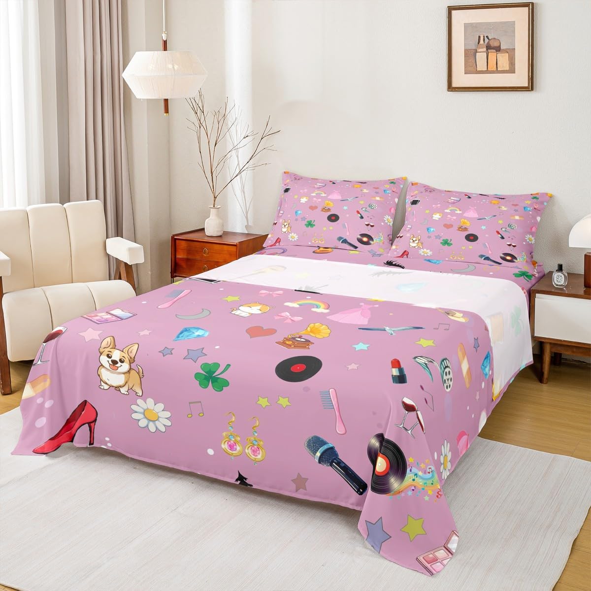 Erosebridal Music Theme Bed Sheets Set King Girls Pop Singer Sheet Set for Kids Women Fashion Guitar Lipstick Sheets Snake Flower Flat Fitted Sheet Microfiber Pink Gift for Music Fans Friend