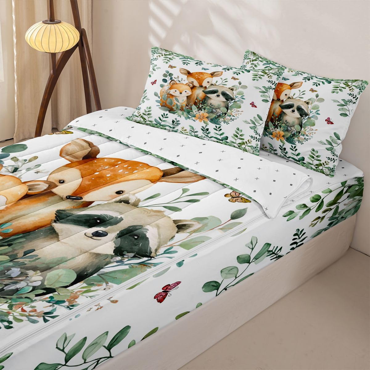 Erosebridal Cartoon Animals Zippable Comforter Fox Raccoon Wildlife Twin Bedding Green Leaves Botanical Zipper Bed Set with Sheets Cute Jungle Wild Animal Bed in a Bag Bedroom Decor