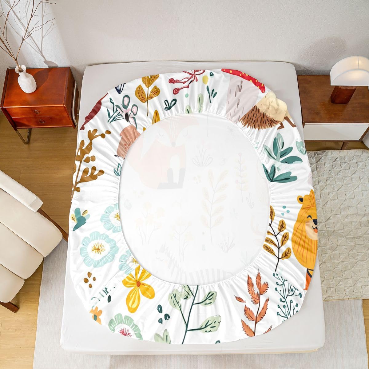 Erosebridal Kids Fox Bed Sheets Set King Size,Cartoon Bear Deer Bedding Set Cute Flower Animal Sheet Set for Boys Girls,Wild Flower Leaf Decor Fitted Sheet Flat Sheet 2 Pillow Cases