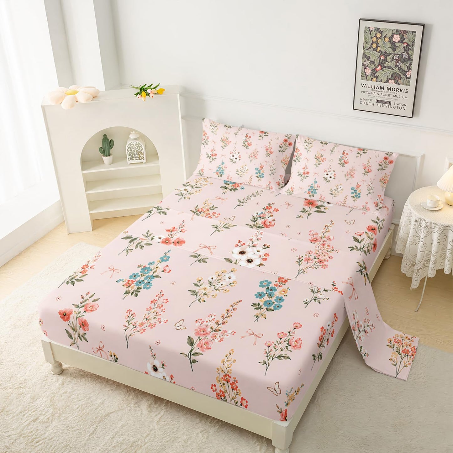 QOOMO Floral Sheet Set,Pink Floral Kids Bed Sheets,Pink Flower Printed 16" Deep Pocket Bed Sheet Set for Girls/Kids/Teens，4 Piece Sheet Set, 1 Fitted Sheet,1 Flat Sheet and 2 Pillowcases，Twin Size