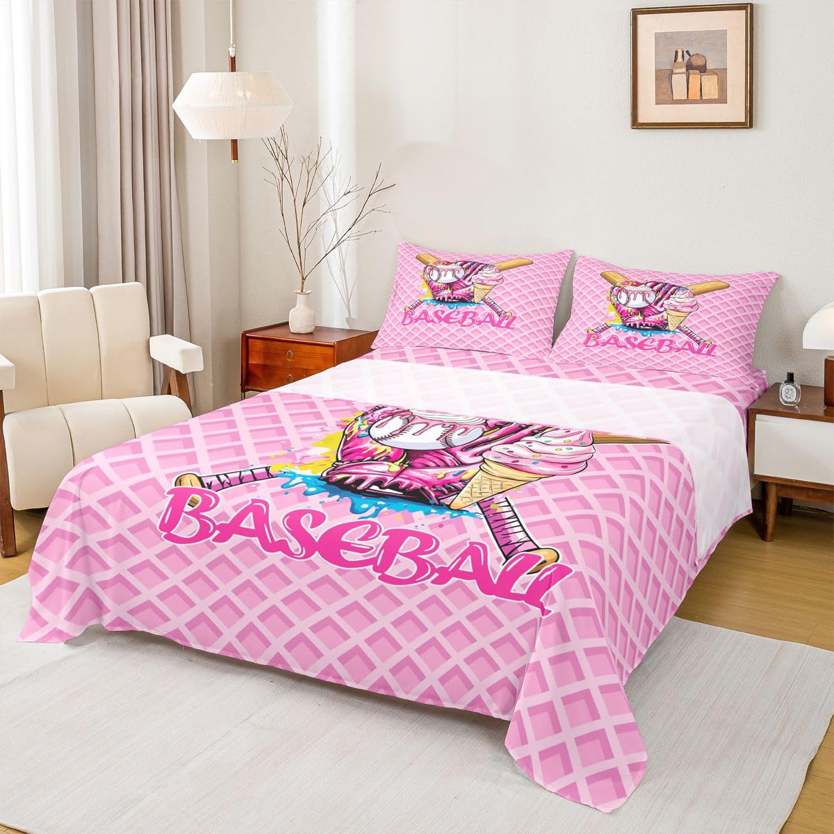 Homewish Baseball Ice Cream Drip Kids Sheet Full Size,Baseball Bat Gloves Ball Sport Competition Bedding Set, Biscuit Cherry Dessert Softball Kids Room Decor,Pink Sheet(Fitted+Flat+2 Pillowcases)