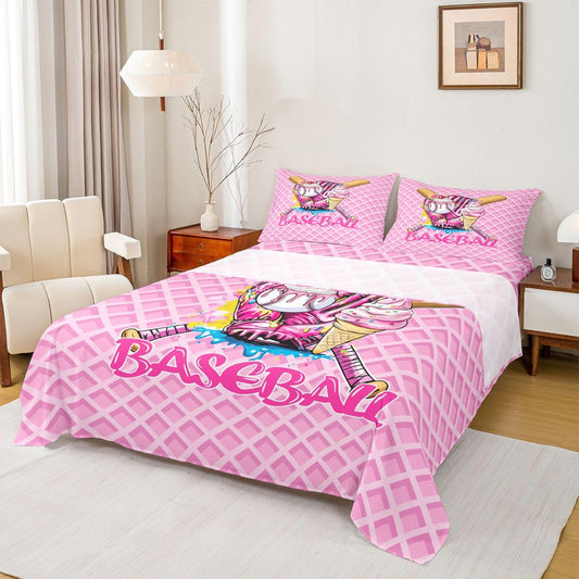 Homewish Baseball Ice Cream Drip Kids Sheet Full Size,Baseball Bat Gloves Ball Sport Competition Bedding Set, Biscuit Cherry Dessert Softball Kids Room Decor,Pink Sheet(Fitted+Flat+2 Pillowcases)