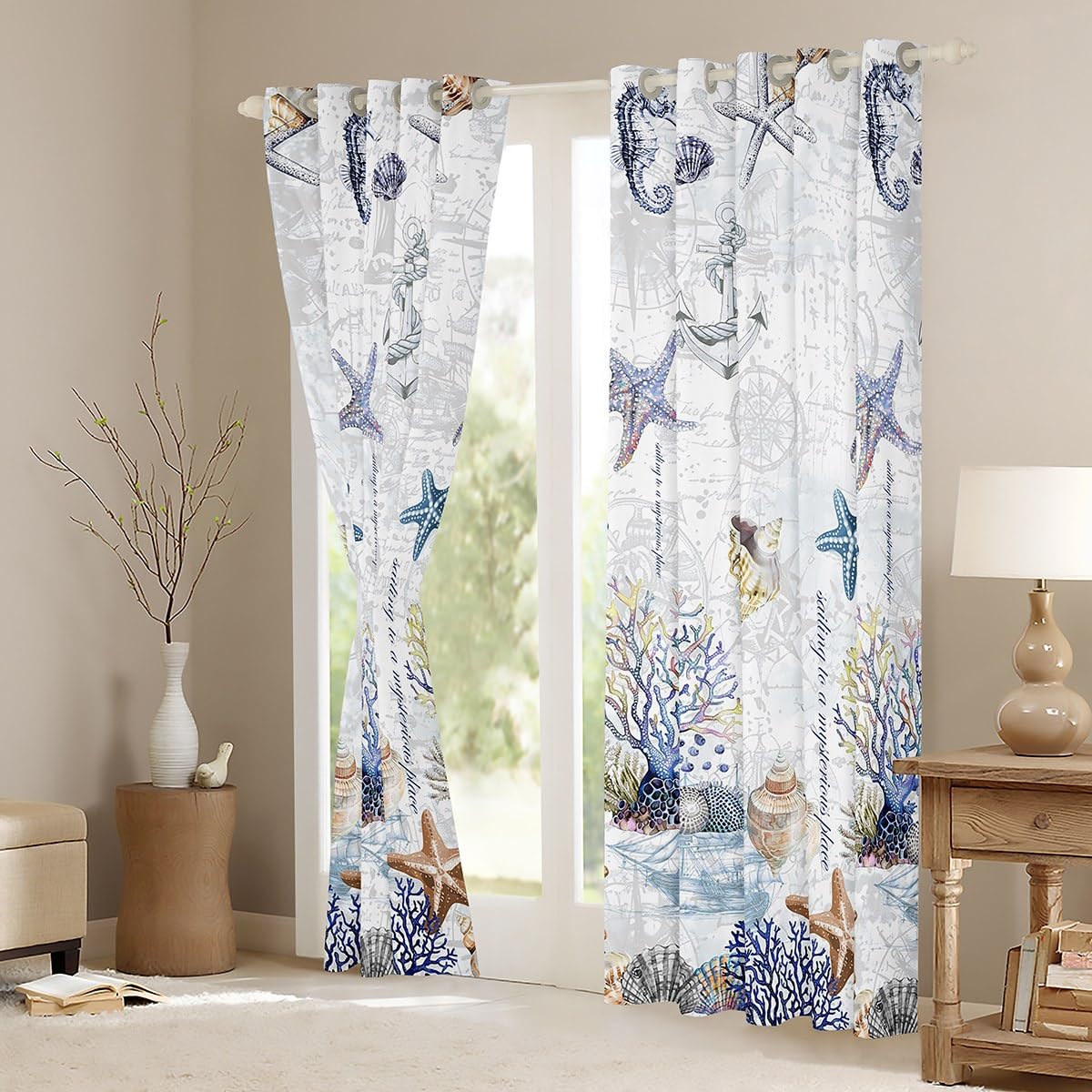 Beach Starfish Darkening Drapes Ocean Marine Themed Sailboat Curtains for Bedroom Living Room for Children Sea Creatures Curtains Coastal Nautical Room Decor (2 Panels,52 x 63 Inch) Window Treatments