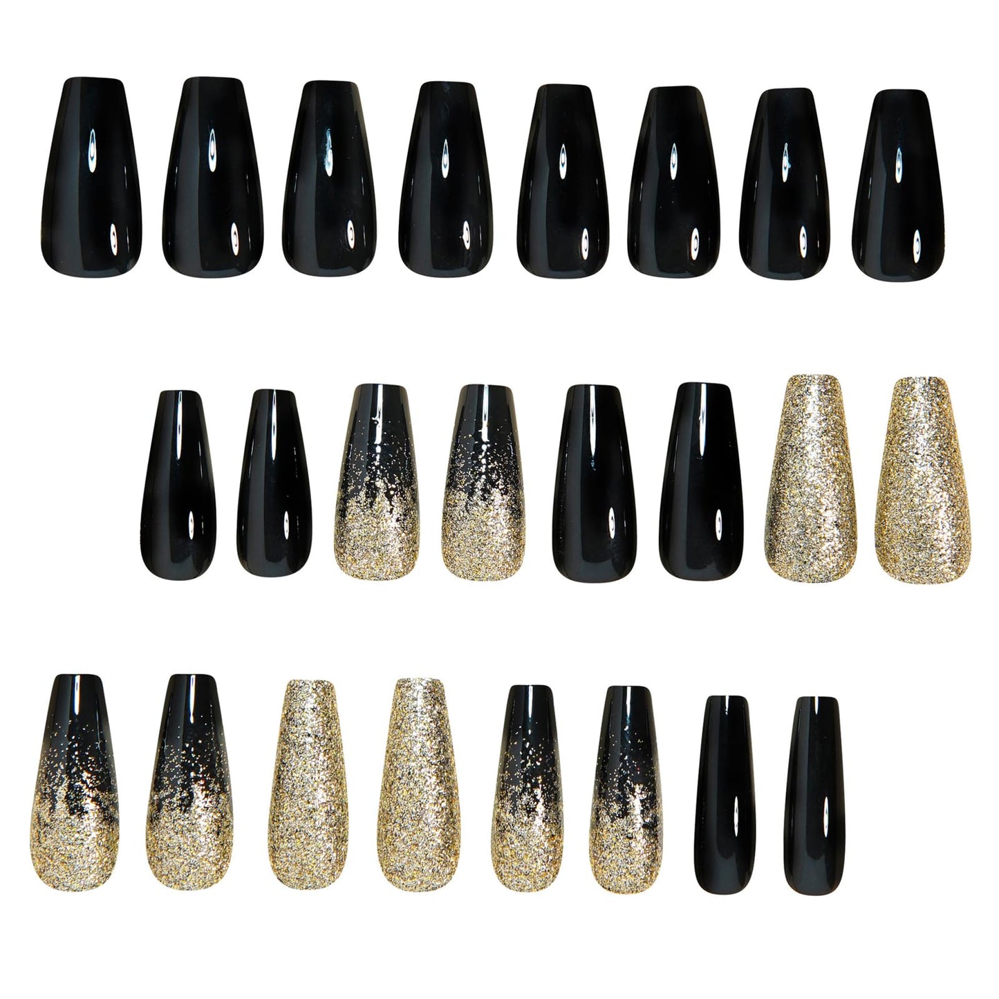 IMSOHOT Golden Glitter Press on Nails Long Coffin Fake Nails Black Glossy Glue on Nails Full Cover Acrylic False Nails with Sparkly Gradient Designs 24Pcs