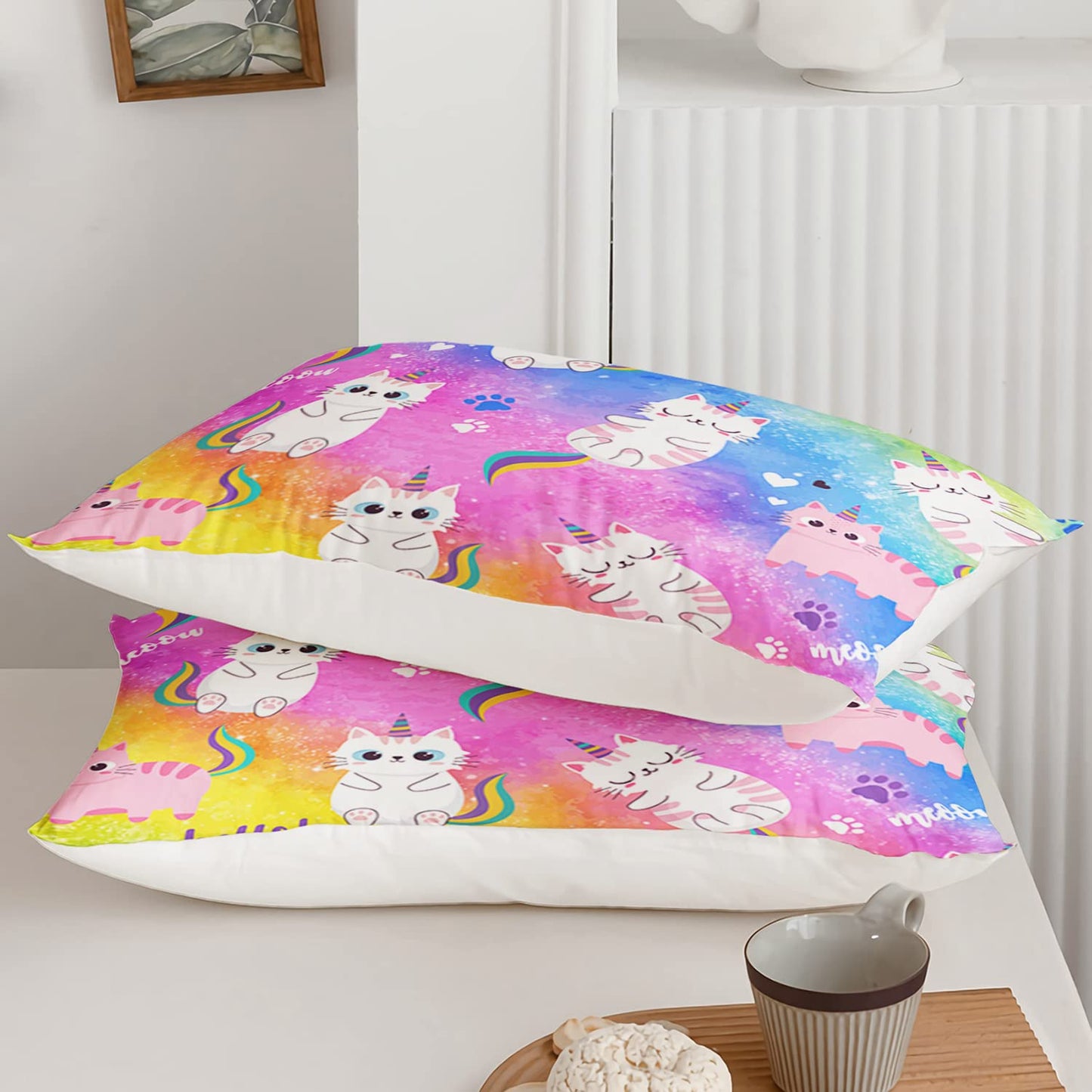 Axolotl Cat Bedding Twin Cartoon Cat Comforter Set, Rainbow Printed Kids Bedding Set for Girls, Adults, Teens, Kids Comforter Set All Season, 1 Quilt 2 Pillow Cases, Colorful Pink Blue