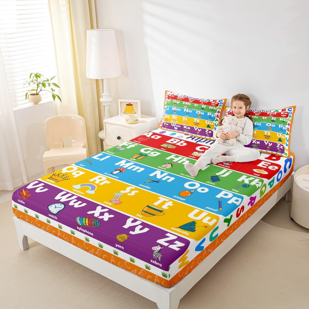 ABC Alphabet Bed Sheet Set Twin Size, Learning Alphabet Fitted Sheet Kids Toddler Educational Bedding Set Word Educational Bed Cover (1 Pillow Case and a Fitted Sheet)