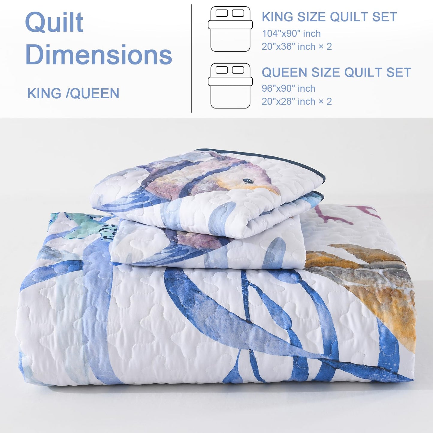 DJY King Quilt Bedding Set Size - 3 Pcs All Season Coastal Beach Ocean Lightweight Reversible Microfiber Coverlet Quilt Bedspread Queen Size Bedding with 1 Quilt, 2 Pillow Shams