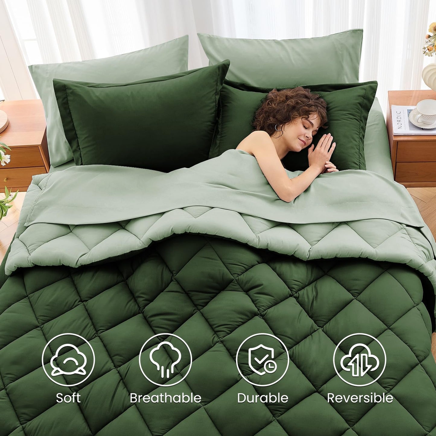 MUXHOMO 7 Pieces California King Comforter Set, Reversible Bed in a Bag Cal King Size, All Season Bedding Set with Comforter, Flat Sheet, Fitted Sheet, Pillowcases & Shams, Dark Green & Light Green