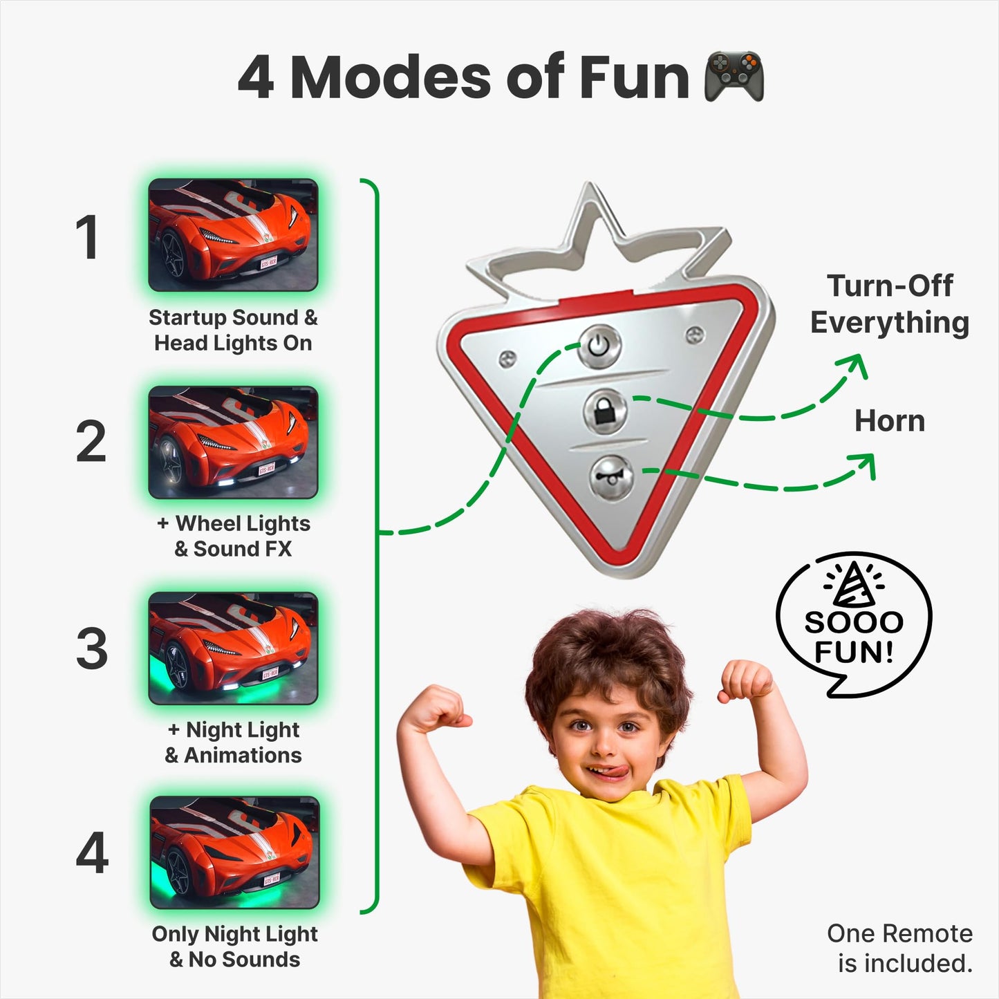 Cilek GTS EV Twin Kids Race Car Bed with Remote Control, LED Lights & Sounds, Vegan Leather Headboard, Guardrails, Non-Toxic, Fits Twin Mattress, Red