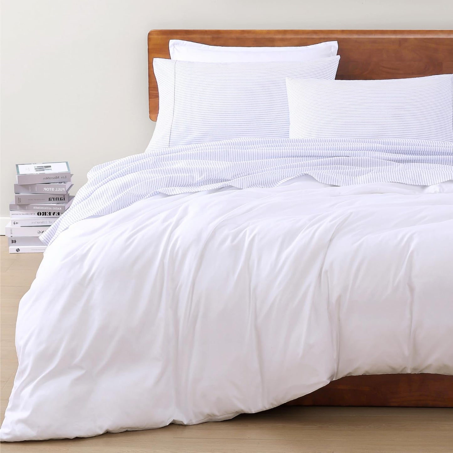 LANE LINEN 100% Organic Cotton Sheet Sets Queen Size, 4Pc Queen Size Cotton Sheets, Hotel Style Sheets, Bedding Sheets & Pillowcases, Queen Sheet Sets Deep Pockets Fits Upto 15" - Blue Ticking Stripe