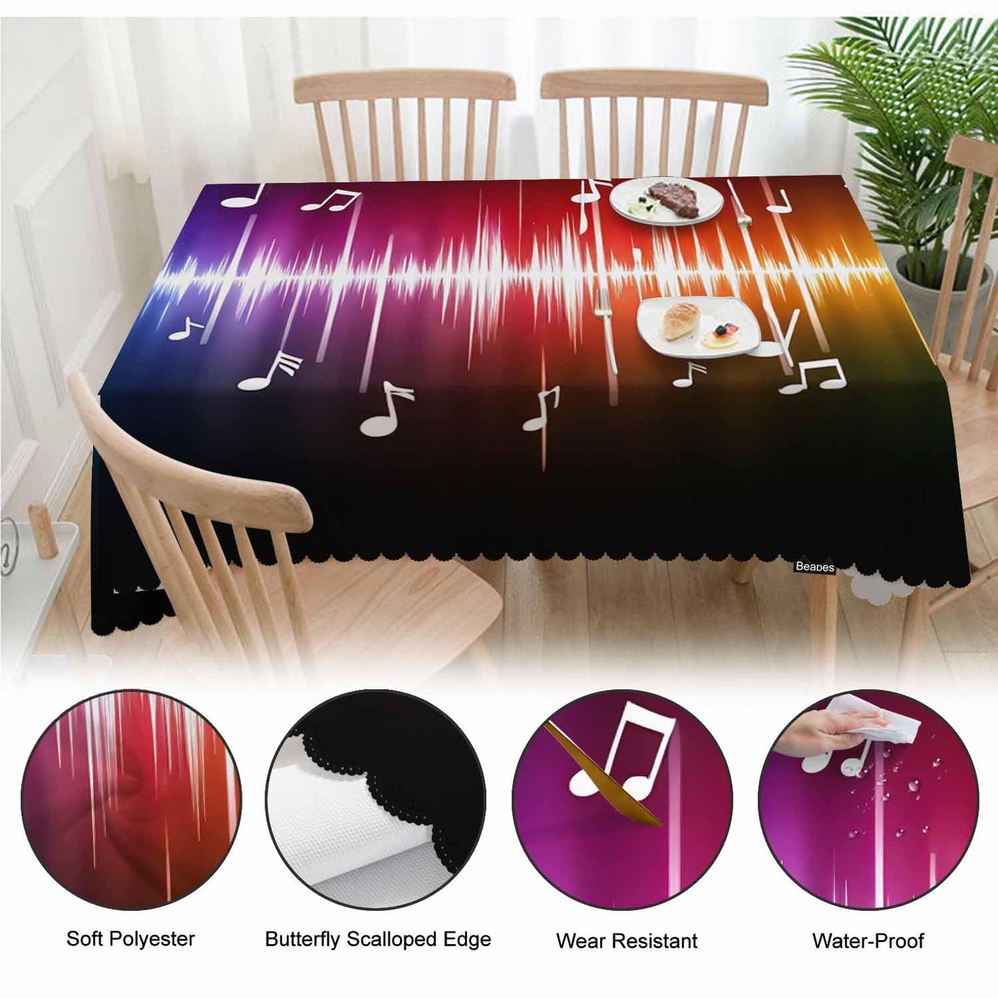 Beabes Music Notes Dinner Tablecloth Table Cover, Rainbow Spectrum Pulse Music Notes Hippie 52x70 Inch Table Cloth Dust-Proof Table Cover Protector for Home Restaurant Picnic Camping BBQ
