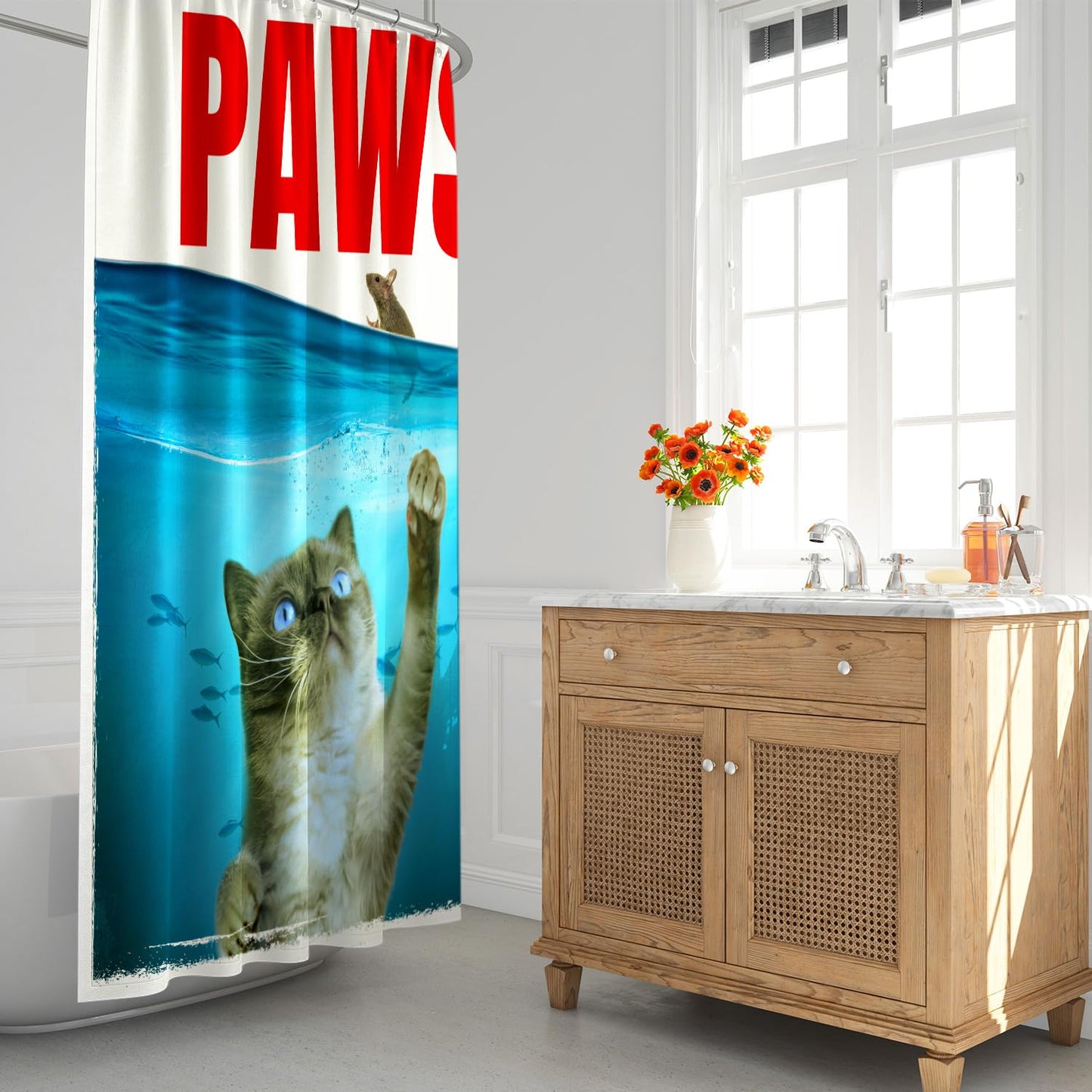 Lokigo Grey Funny Cat Shower Curtain, Cute Cat Paw Chasing Mouse in Teal Blue Ocean Nautical Shower Curtains for Bathroom Decor, Waterproof Polyester ShowerCurtains with 12 Hooks, 72" x 72"