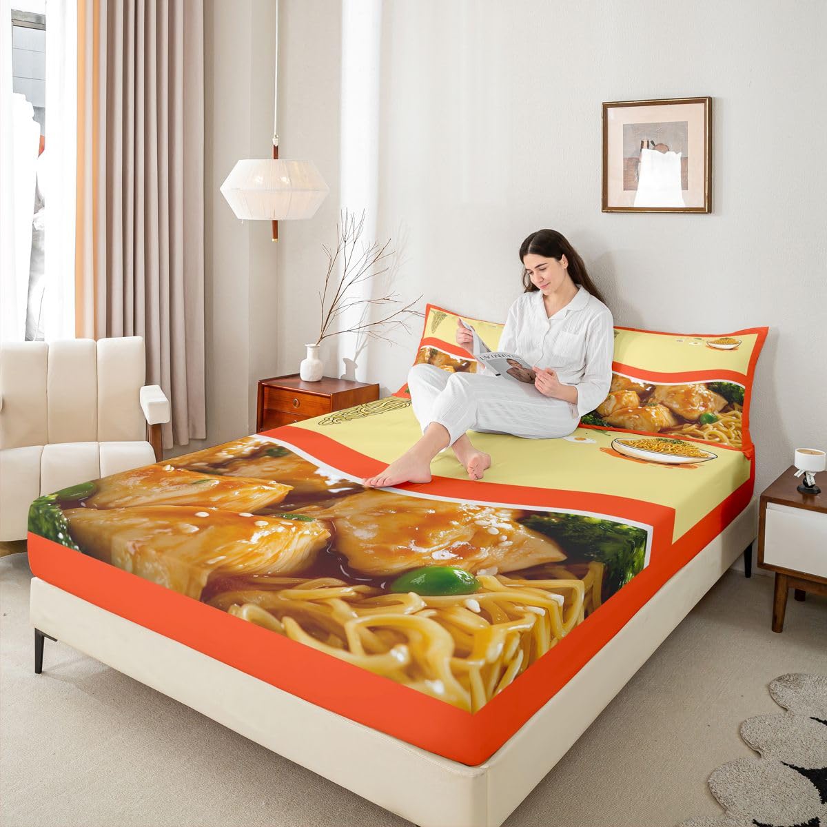 Feelyou Japanese Ramen Bed Sheets Set Twin Size Pulled Noodles Sheet Set for Kids Boys Girls Decor Pork Noodles Sheets with Deep Pocket Fitted Sheet Microfiber Cute Bedroom