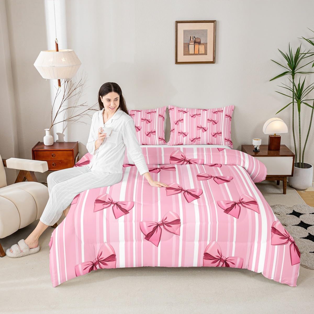 Erosebridal Pink Bowknot Bedding Set for Girls Bedroom, Dreamy Princess Full Size Comforter Set, Cute Bow Girly Down Comforter, Kawaii Stripes Quilt,Lightweight Bedroom Decor
