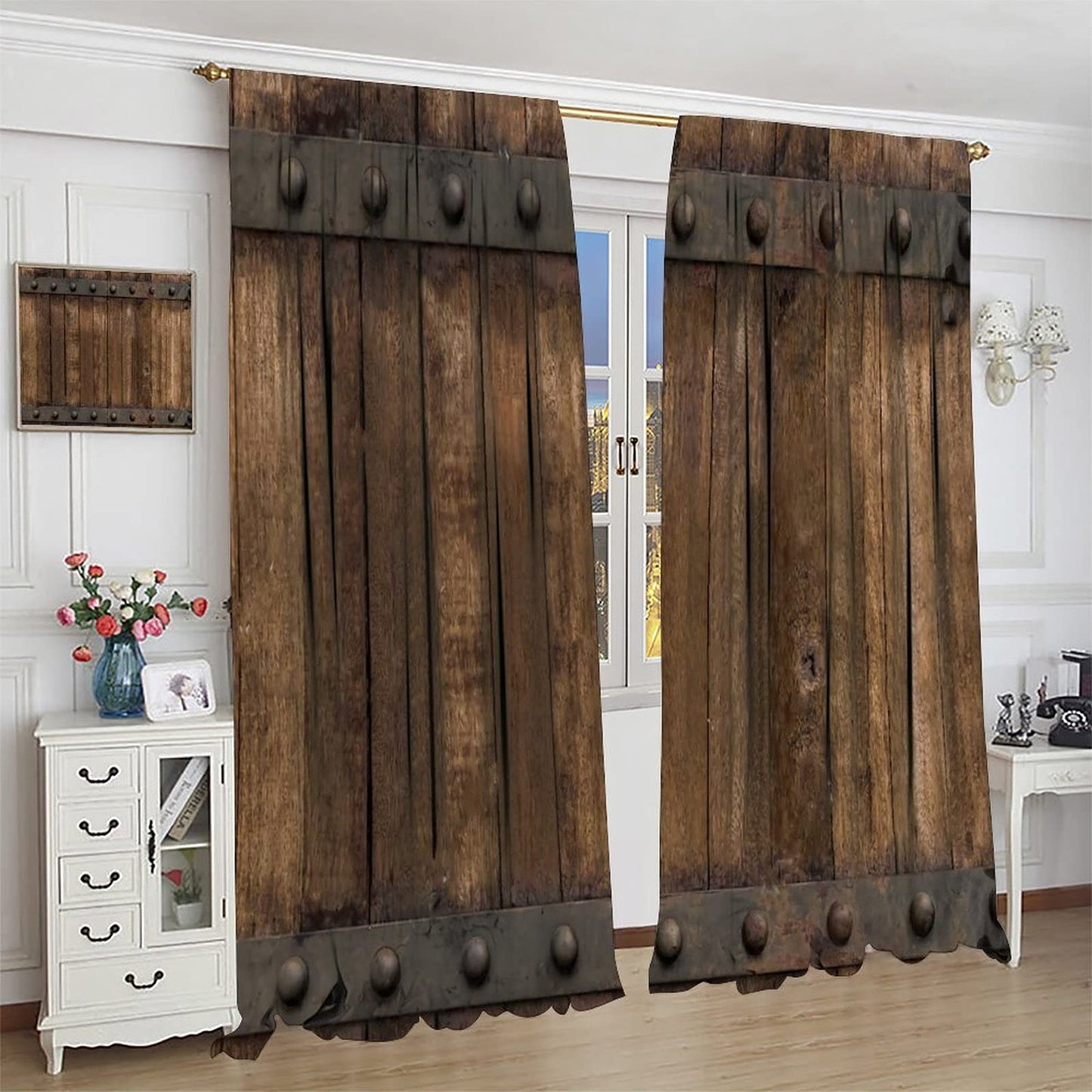 Rustic Wooden Barn Door Curtains Pocket Curtains Timber Wood Brown and Old Metal Panels Texture Thermal Insulated 42x63inch(107x160cm)