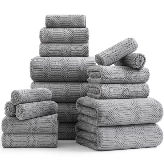 18 Pcs Gray Woven Family Towels Set-6 Bath Sheets,6 Hand Towels,6 Washcloths Soft Microfiber Towels Absorbent Shower Towel Quick Dry Beach Chair Towel Lint Less Towels Set for Bathroom Spa Gym Hotel