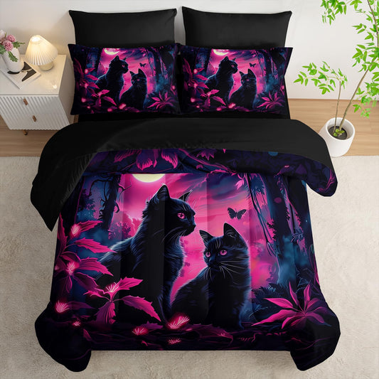 AILONEN 7-Piece Black Cat Comforter Sets Twin Size,Mother Son Kitten Bedding Set Bed in a Bag for Kids,Boho Style Comforter & Fitted Sheet with Flat Sheet & 2 Pillowcases,2 Pillow Shams