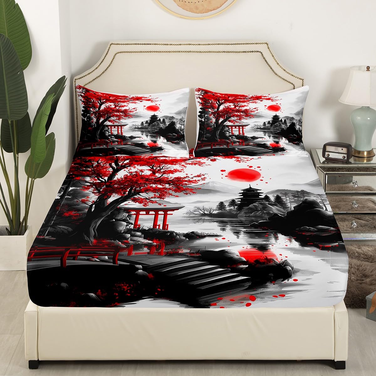 Feelyou Japanese Style Bedding Sheets Full Cherry Blossom Bed Sheet Set for Adult Kids Watercolor Fitted Sheet Natural Landscape Bed Cover 3Pcs,1 Fitted Sheet+2 Pillow Sham（No Flat Sheet）