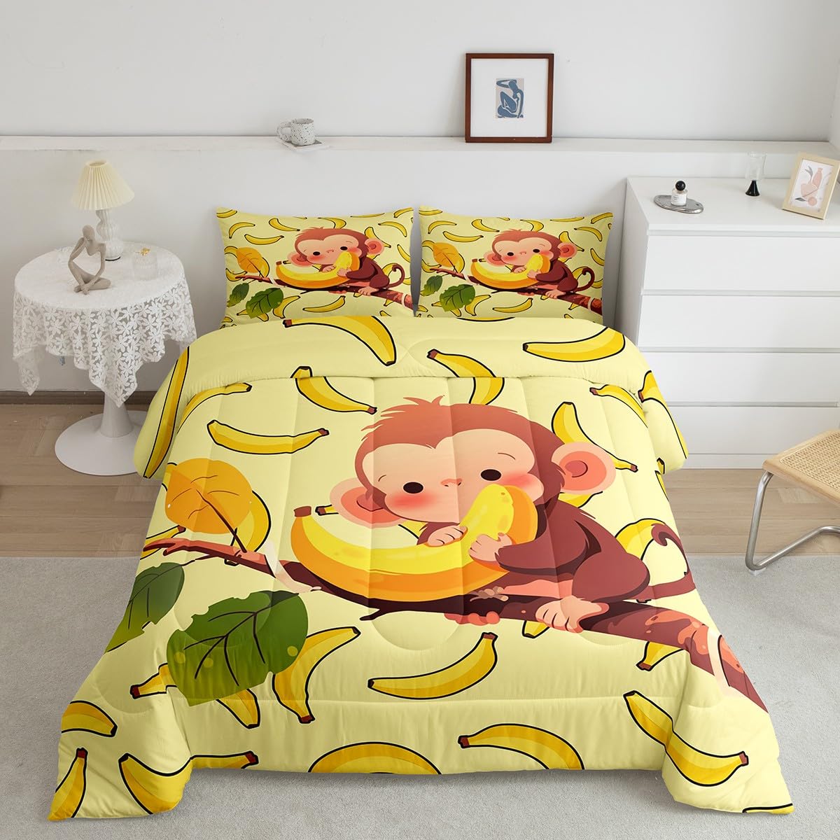 Feelyou Kids Monkey Comforter Cute Cartoon Zoo Animal Comforter Set Lovely Little Monkey Bedding Set for Boys Girls Children Bedroom Decor Nature Banana Duvet Set King Size with 2 Pillow Case