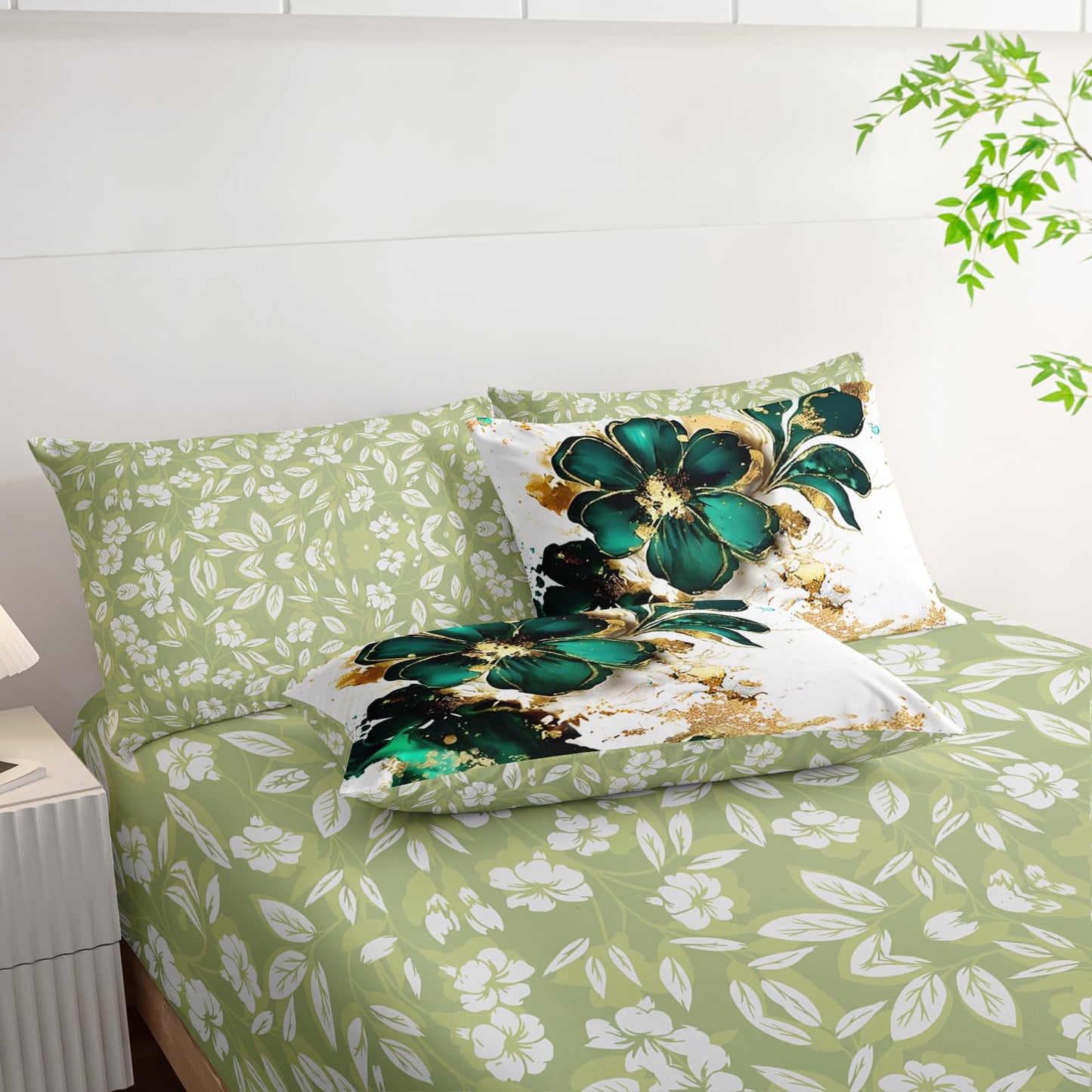 AILONEN Gold Green Floral Comforter Set Twin Size,7-Piece Soft Bed in a Bag,Marble Flower Comforter & Fitted Sheet & Flat Sheet & 2 Pillowcases,2 Pillow Shams for Girls Women