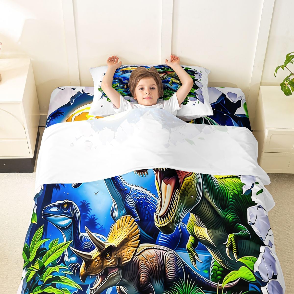 Feelyou Dinosaur Bed Sheets Set Twin Size 3D Digital Print Deep Pocket Fitted Sheet Jungle Dino Bedding Sets Wild Animal Soft Bed Set 3Pcs with 1 Pillow Cases White Green Blue