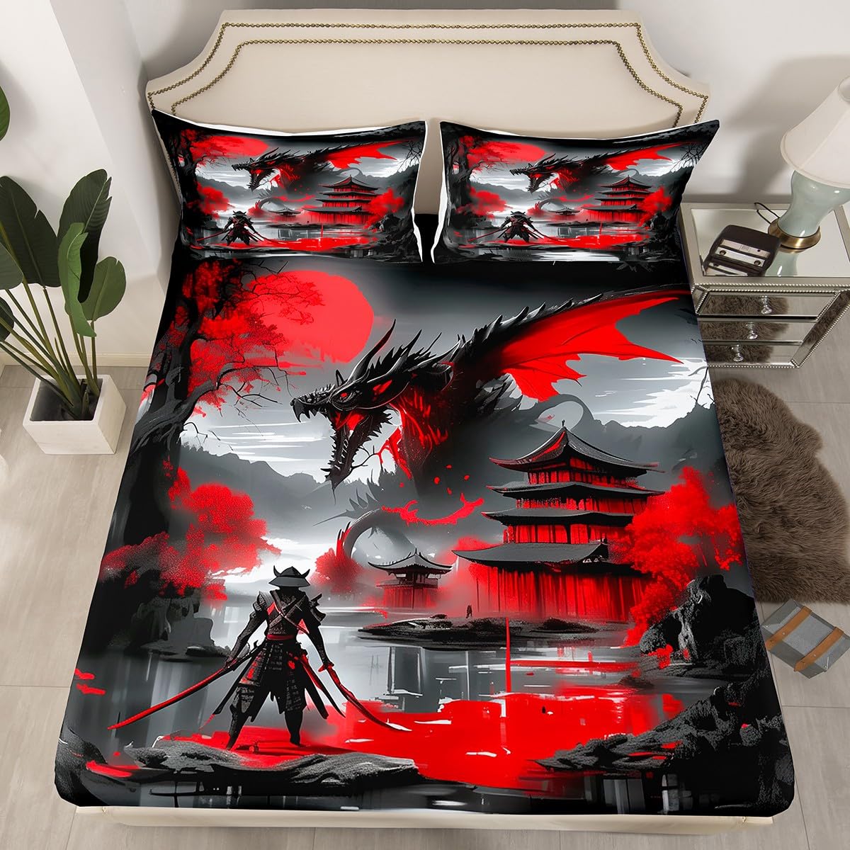 Erosebridal Japanese Style Full Bed Set Dragon Bed Sheets Set Magical Animals Flat Fitted Sheet Western Wildlife Theme Bedding Set for Boys Kids Adult Bedroom, with 2 Pillow Cases