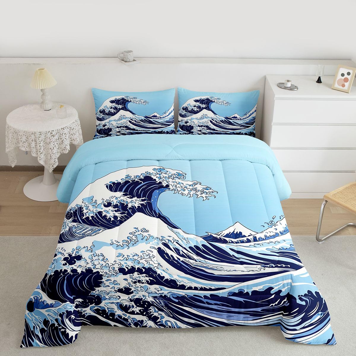 jejeloiu Wave Comforter Set All Season Ocean Wave Bedding Set with 2 Pillow Cases Abstract Microfiber Kids Queen Bedclothes Japanese Style Bedroom Decor Duvet Quilt Breathable Soft Lightweight