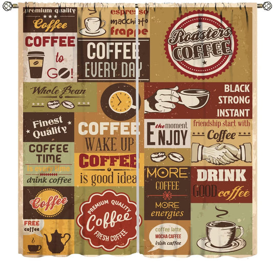 Coffee Curtains for Kitchen Window Treatments,Retro Style Coffee Theme Kitchen Curtains for Living Room,Café Brown Vintage Poster Design Window Drapes 2 Panels Set,Total Size 42 x 45 Inch