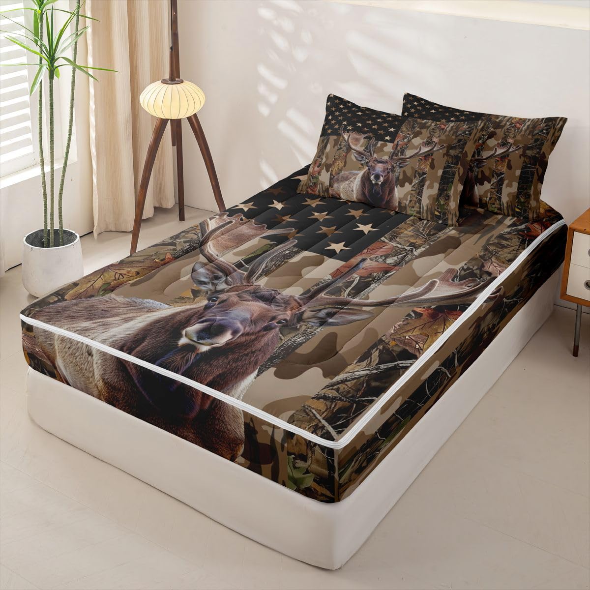 jejeloiu Moose Elk Hunting Camo Comforter Set Twin Rustic Western Deer Zipper Bedding Set for Kids Boys Girls American Flag Bed in a Bag Brown Camouflage Microfiber with 2 Pillow Cases