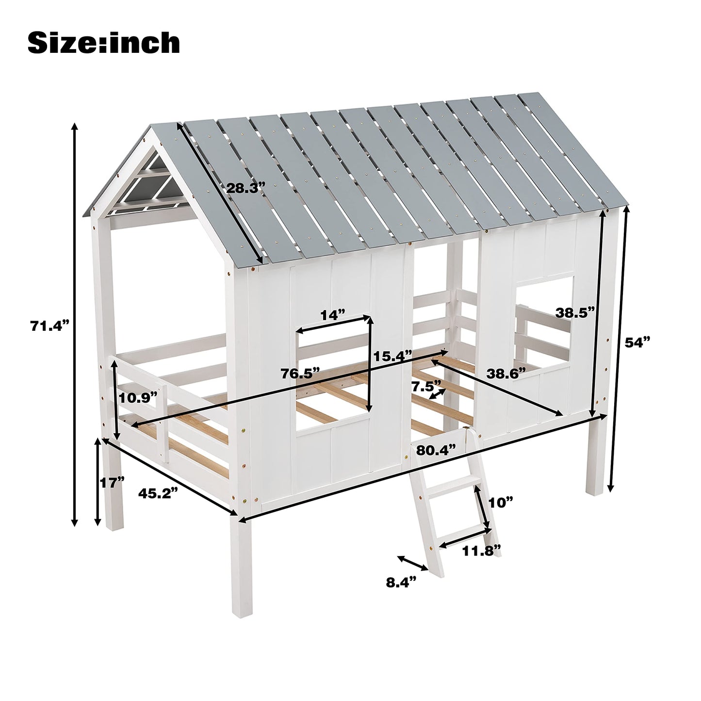 Twin Size Wooden House Bed with Ladder, Kids Low Loft Bed with Two Front Windows, White