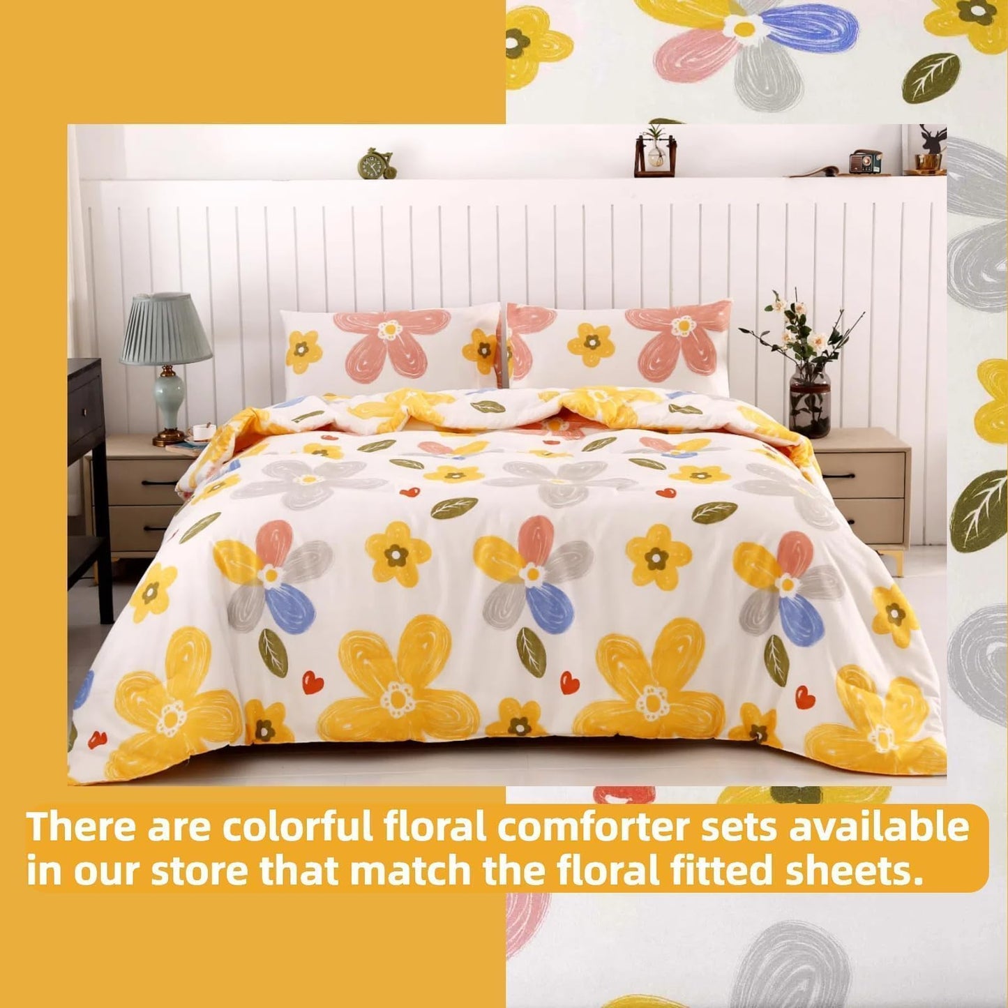 SDIII Colorful Floral Queen Fitted Sheet with 2 Pillowcases, Deep Pocket Soft Microfiber Queen Sheet Floral All Season