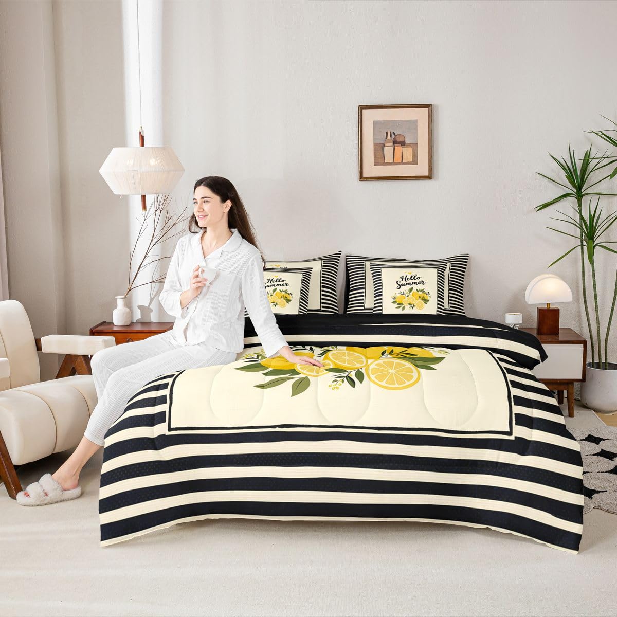 Erosebridal Hello Summer Queen Bedding Set Trendy Geometric Stripes Comforter Set with Flat and Fitted Sheet Kids Adults Refreshing Lemon 7-Piece Bed in a Bag Yellow Black Fruit Art Quilt Sets