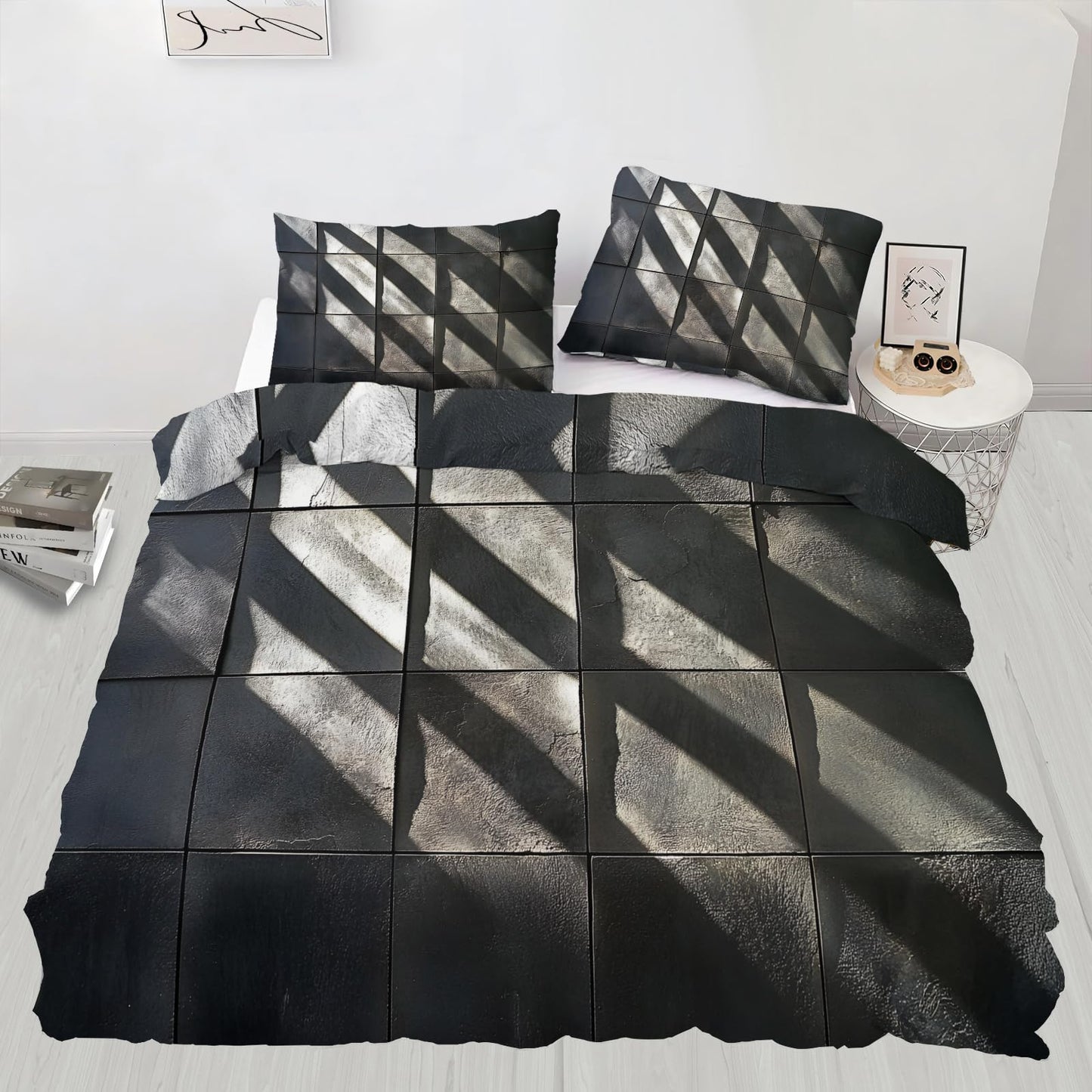 PAISUOQ Geometric Duvet Cover Full Size, Black Squares Bedding, 3 Piece, Soft Microfiber Patterned Comforter Cover with Zipper Ties & 2 Pillowcase, Modern Geometric Bedroom Decor & Gifts