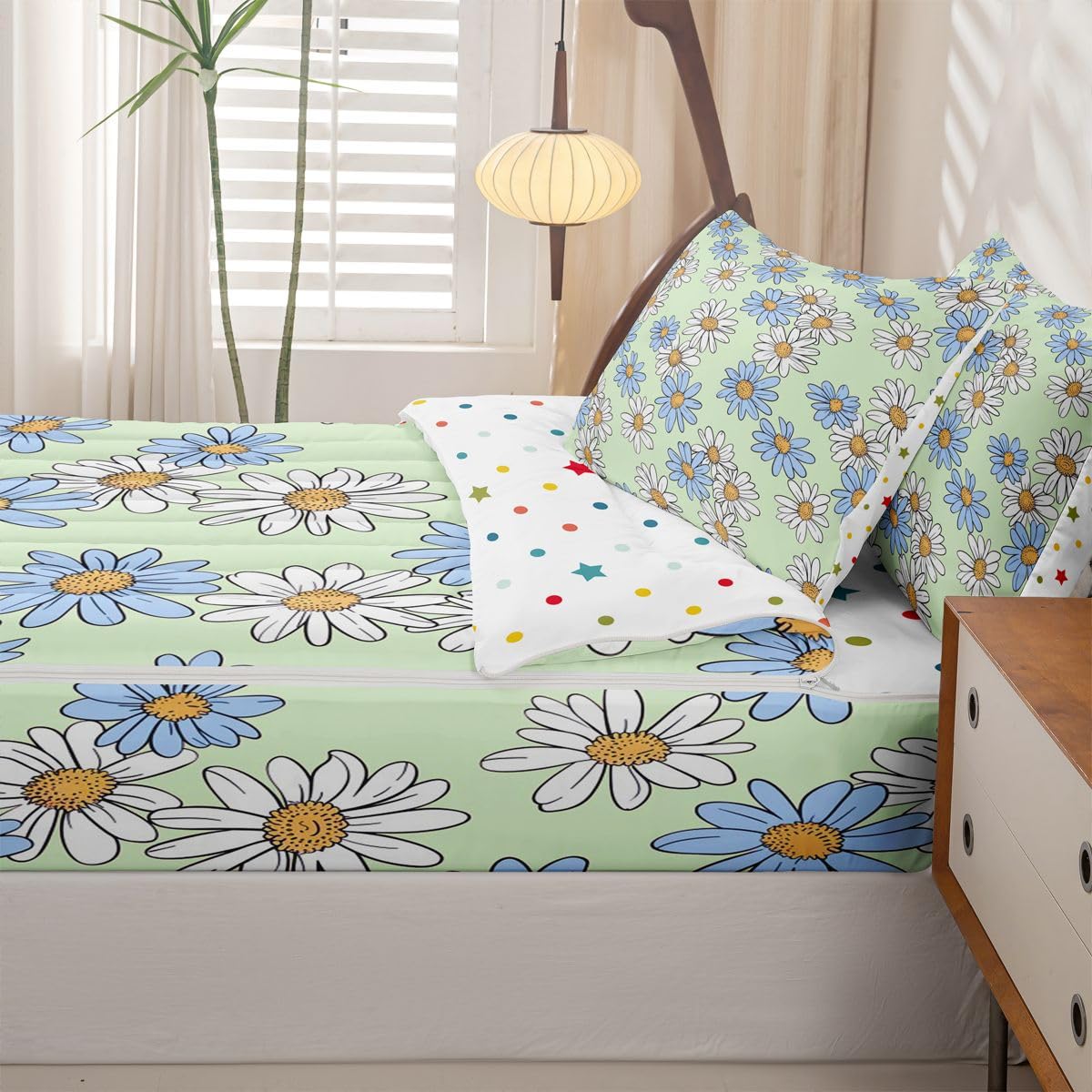 Feelyou Cute Floral Zipper Bedding Queen Cartoon Green Daisy Flower Bedding Sets for Kids Boys Girls Botanical Aesthetic Comforter Set with Fitted Sheet 2 Pillowcases One Zipper Bed Set