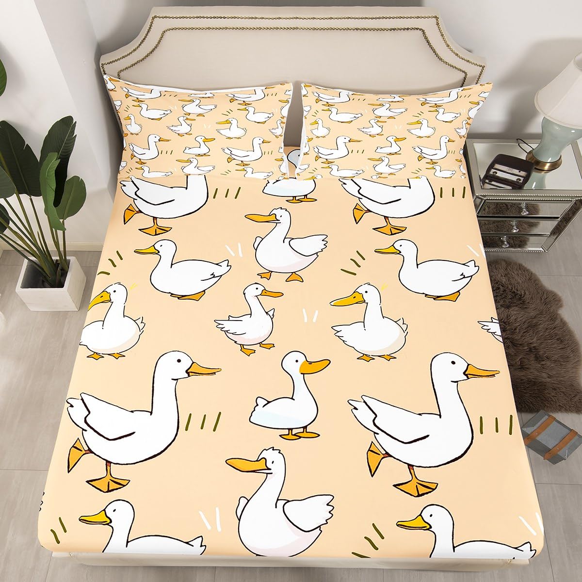 Homewish Cute Duck Fitted Sheet Full Size,Cartoon Farmhouse Livestock Animal Soft Fabric Deep Pocket Mattress Cover,Kawaii Goose Hand Drawn Orange Bed Cover with 2 Pillowcases,No Flat Sheet