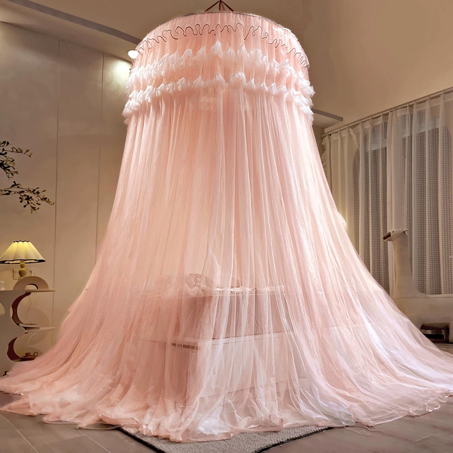 Kertnic Dreamy Bed Canopy for Girls, Princess Canopy Curtains Double Layer Sheer Mesh, Adults Canopies Netting Room Decor Tent Mosquito Net for Queen King Bed (Double Layer-Beige Pink)