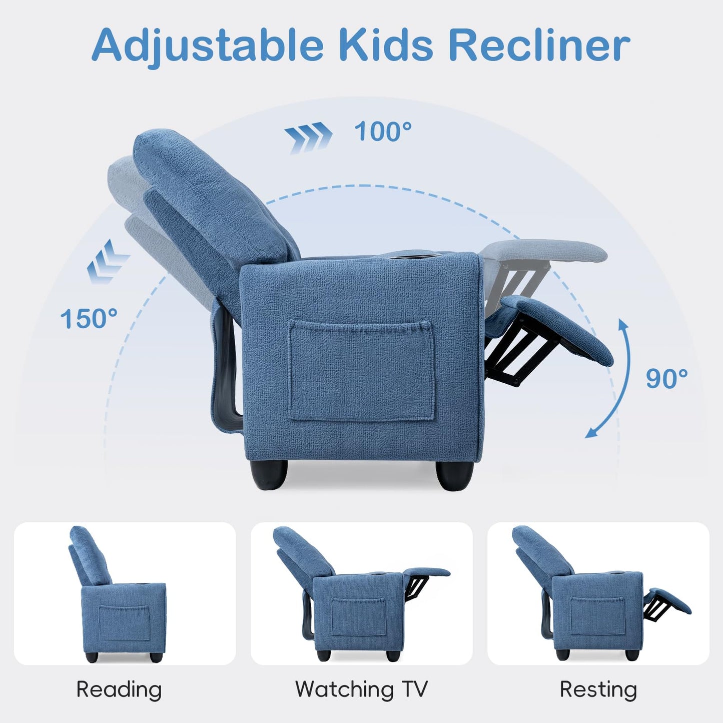 INFANS Kids Recliner, Toddler Lounge Chair with Adjustable Backrest Footrest Cup Holder Side Pockets, Velvet Leather Toddler Couch