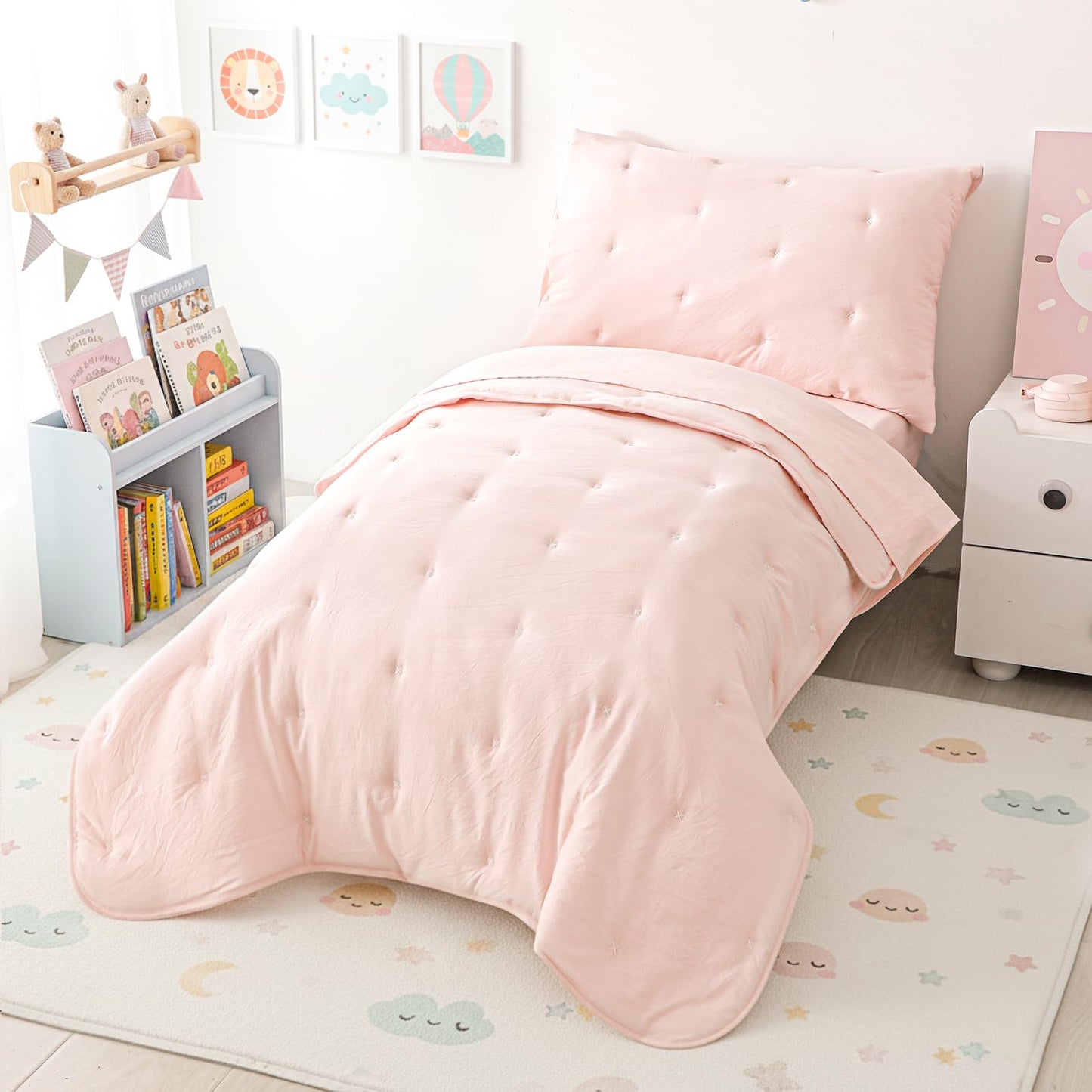 DreLunis Pink Toddler Bedding Sets for Girls, 4 Pieces Bed-in-a-Bag for Toddler Girl, Soft Microfiber Lightweight Breathable Toddler Bed Comforter with Flat Sheet, Fitted Sheet, Envelope Pillowcase