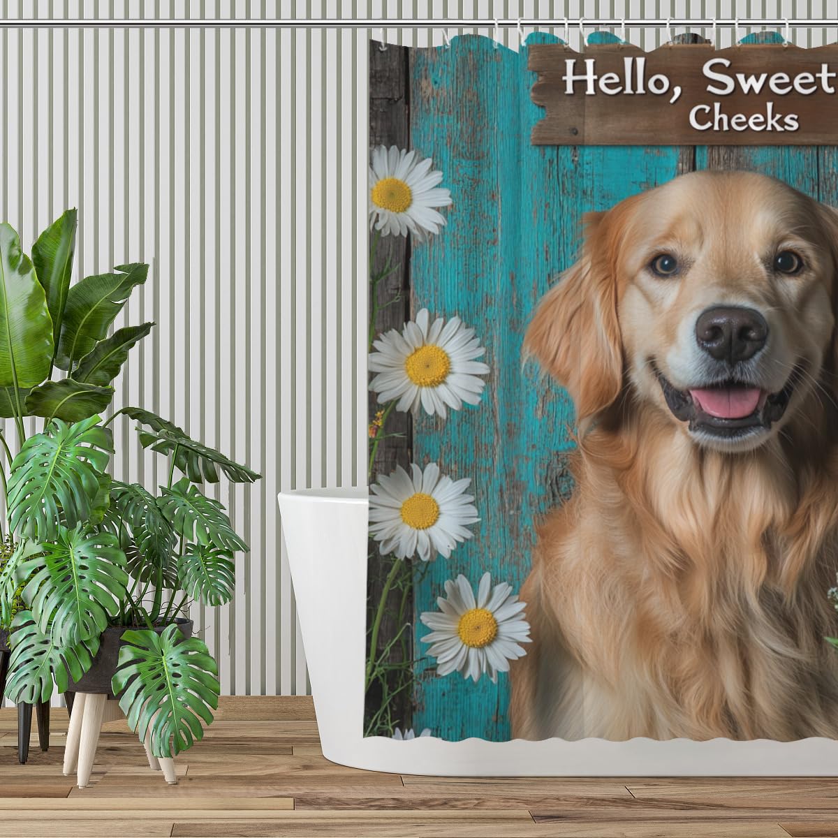KEEPAEON Golden Retriever Shower Curtain, Cute Funny Shower Curtains for Bathroom Hello Sweet Cheeks Bathroom Decor with Hooks, Bathroom Curtain 72x72 Inches