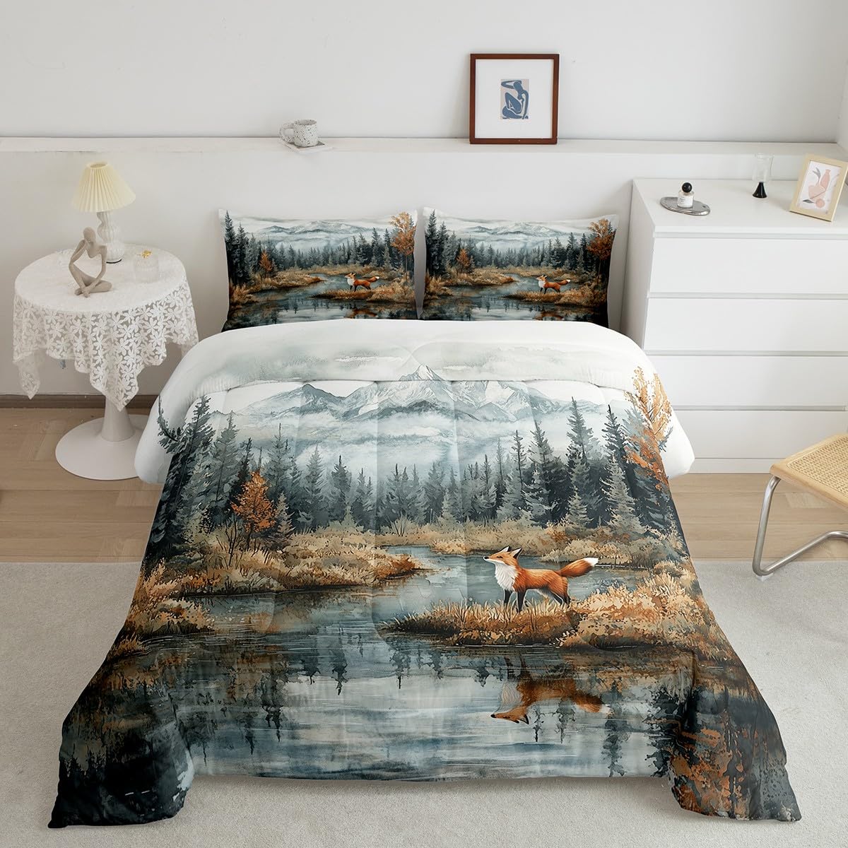 Fox Bedding Set Full Size,Tree Woodland Mountain Comforter Set for Kids Boys Girls Teens Room Decor,Lake House Nature Duvet Insert 3Pcs,Abstract Rustic Style Wild Animal Quilt Set,2 Pillowcases