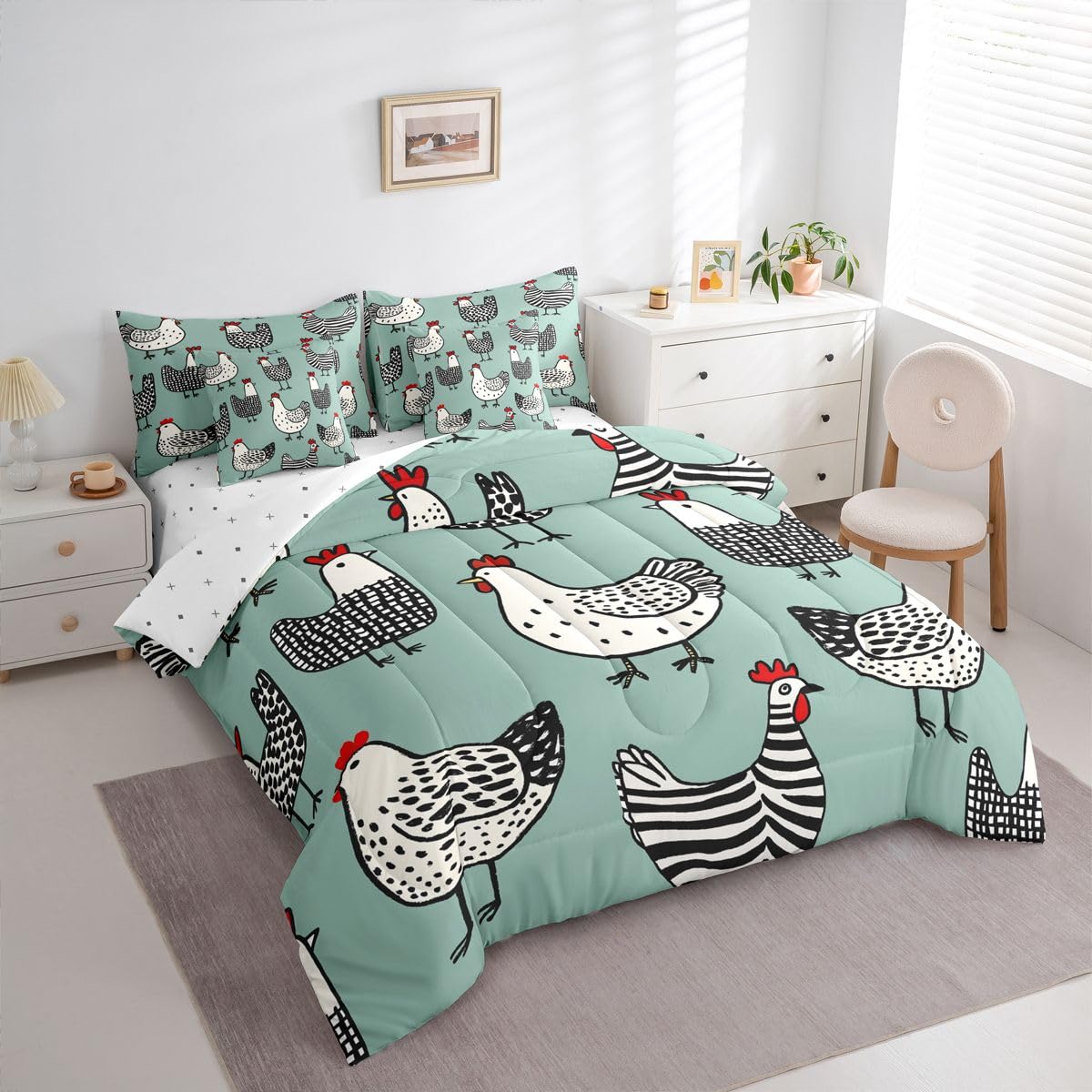 Erosebridal Chicken 7 Pcs Bedding Set Full Cartoon Chick Comforter Set with Sheets Cute Farmhouse Animal Bed in A Bag Teal Black Bedroom Decor